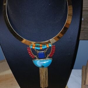 Gold Statement Necklace with Blue and Red Accents